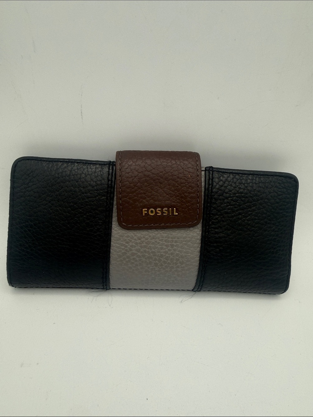Fossil Madison clutch bifold wallet black gray brown pebbled leather
